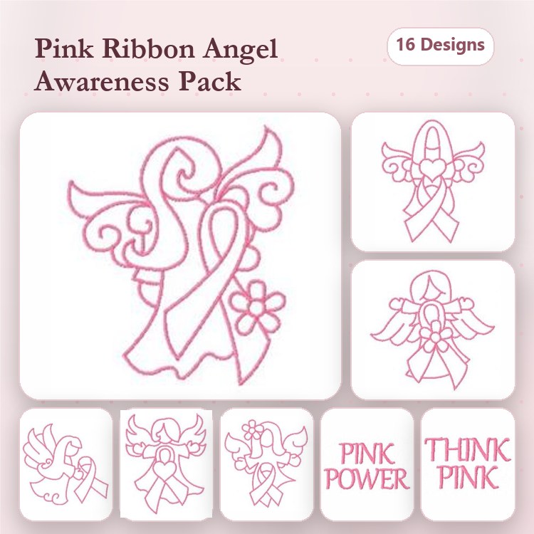 Redwork Pink Ribbon Angel Embroidery Designs Bundle – Angel with Ribbon, Angel with Flower and Ribbon, & More (16 Designs)