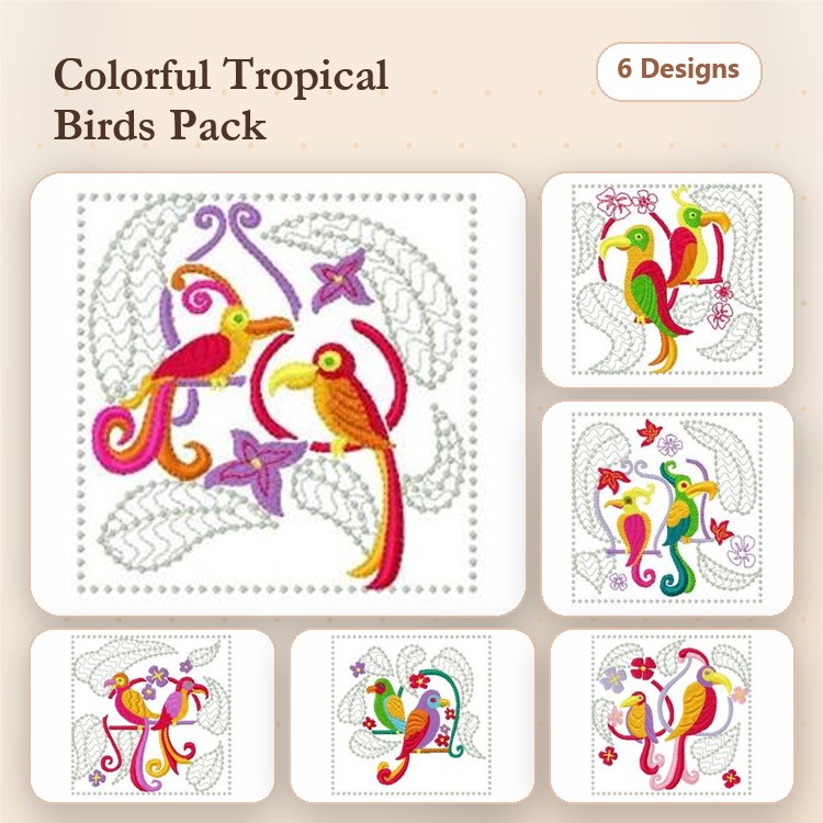 Colorful Tropical Birds Embroidery Designs Bundle – Tropical Bird with Flowers, Parrot with Floral Design, & More (6 Designs)