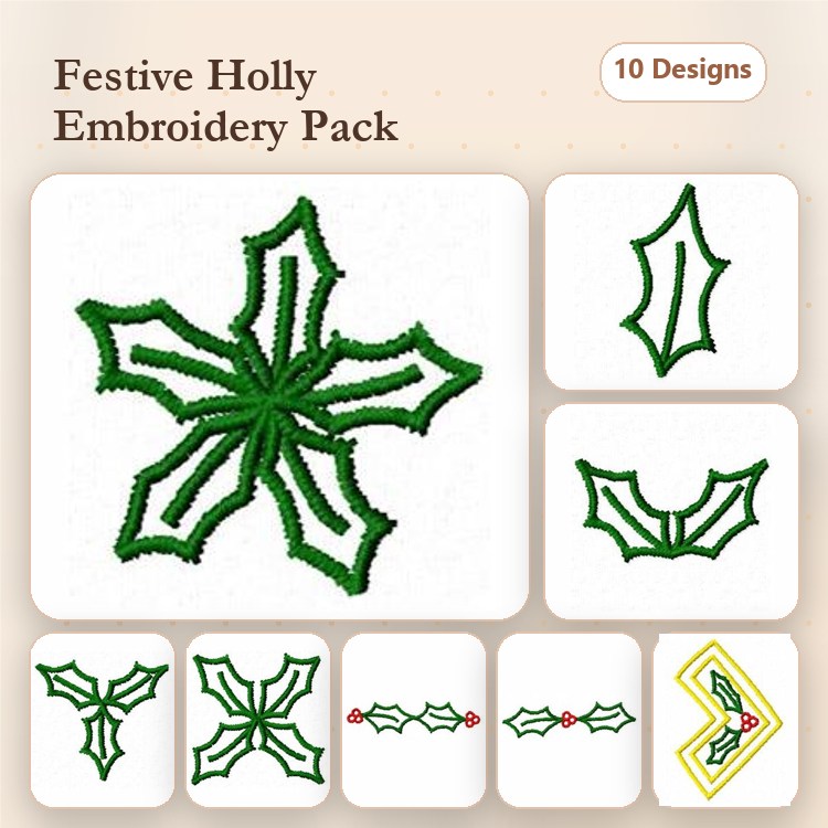 Holly Leaf Embroidery Designs Bundle – Holly Leaf with Berries, Holly Leaf, Holly Bough & More (10 Designs)