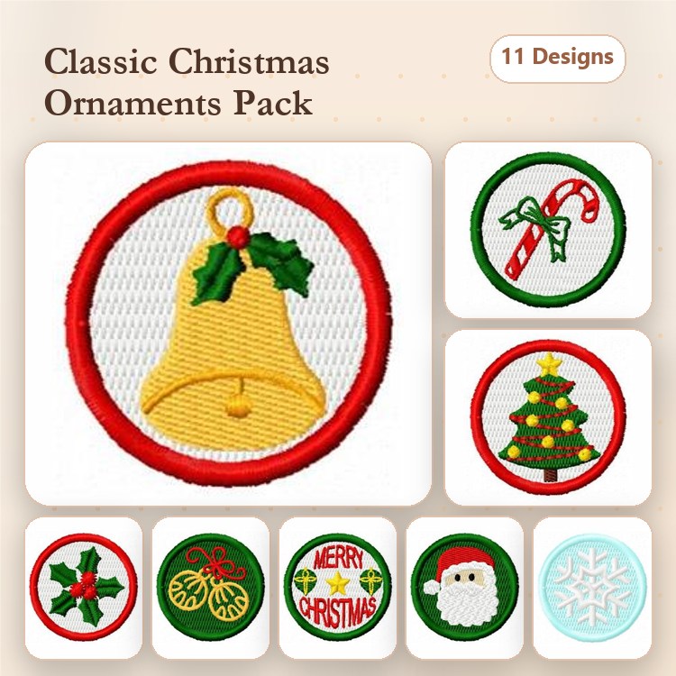 Classic Christmas Ornaments Embroidery Designs Bundle – Christmas Bell, Candy Cane, Christmas Tree & More (11 Designs)