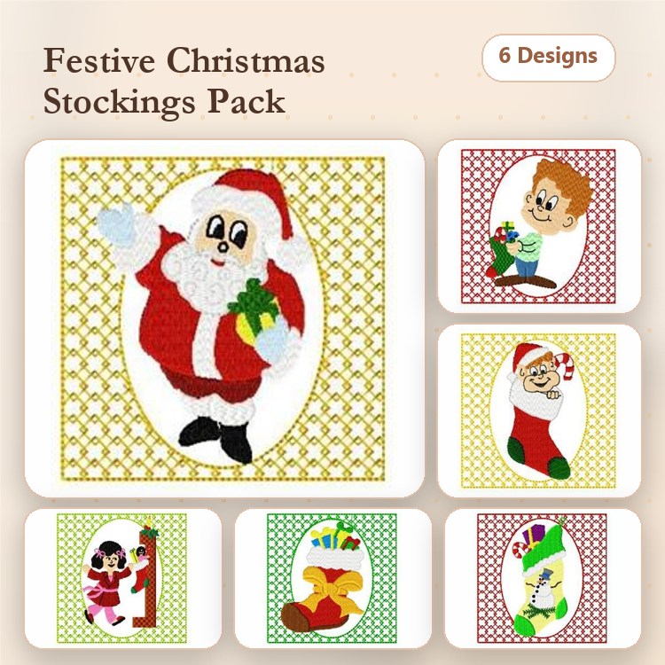 Christmas Stockings Embroidery Designs Bundle – Santa with Gift, Child with Stocking, Penguin & More (6 Designs)