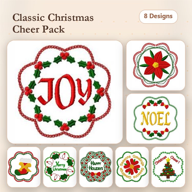 Christmas Embroidery Designs Bundle – Joy Wreath, Noel Decoration, Christmas Holly Circle & More (8 Designs)