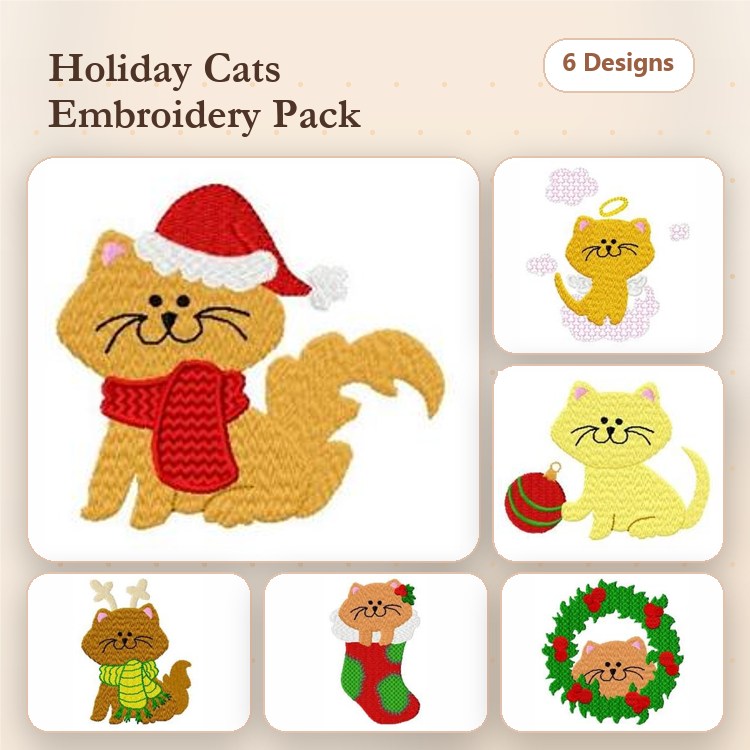 Holiday Cats Embroidery Bundle – Cat with Santa Hat, Angel Halo, Christmas Ornament & More (6 Designs)