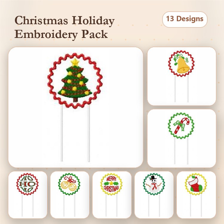 Rippled Christmas Holiday Embroidery Designs Bundle – Christmas Tree, Holiday Bell, Candy Cane & More (13 Designs)