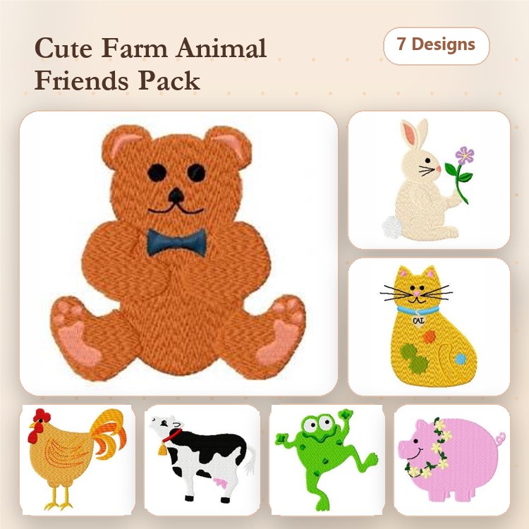 Cute Farm Animal Embroidery Bundle – Teddy Bear, Bunny Rabbit, Cat, Hen & More (7 Designs)
