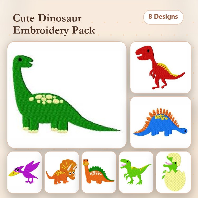 Cute Dinosaur Embroidery Designs Bundle – Brontosaurus, Tyrannosaurus Rex, Stegosaurus & More (8 Designs)