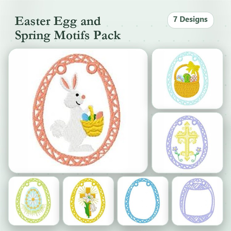 Easter Bunny & Floral Cross Embroidery Designs Bundle – Bunny with Basket, Easter Egg Frame & More (7 Designs)