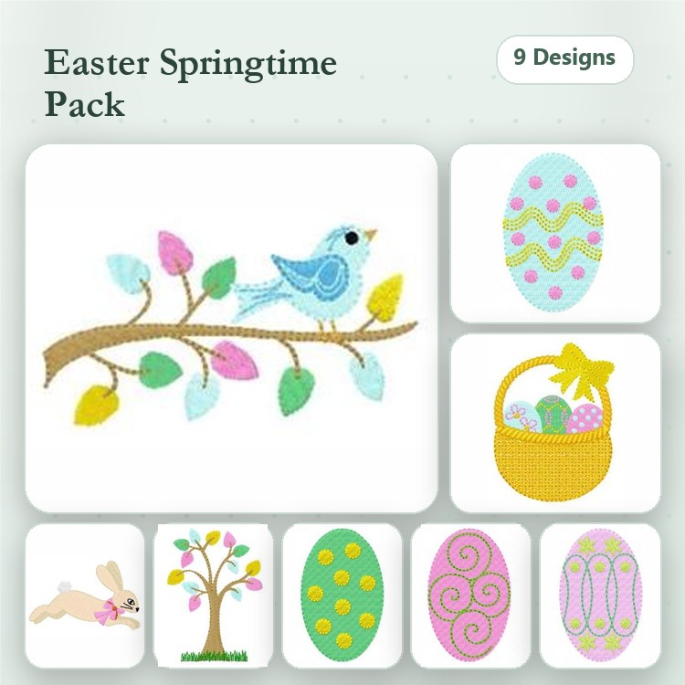 Easter and Springtime Embroidery Designs Bundle – Bird on Branch, Bunny on Grass, Flowering Tree & More (9 Designs)
