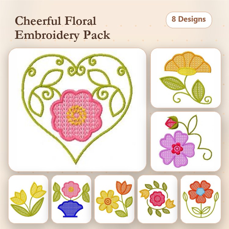 Floral Embroidery Designs Bundle – Heart with Flower, Pink Floral Bouquet, Blue Vase with Flowers & More (8 Designs)