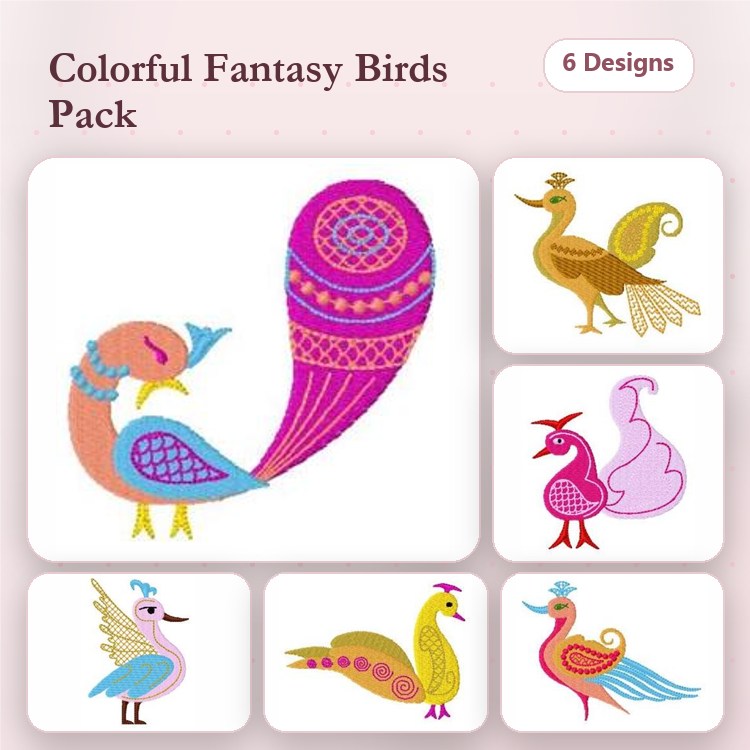 Colorful Fantasy Birds Embroidery Designs Bundle – Fantasy Bird with Tail, Pink Fantasy Bird, Yellow Fantasy Bird & More (6 Designs)