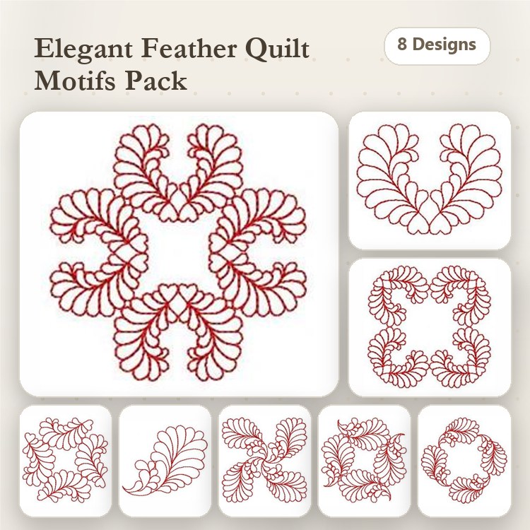 Redwork Feather Embroidery Designs Bundle – Elegant Curves & Swirls (8 Designs)