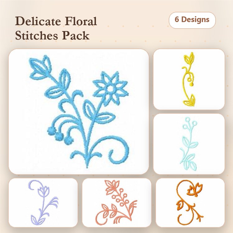 Floral Embroidery Designs Bundle – Blue Floral Design, Yellow Floral Vine, Light Blue Floral Design & More (6 Designs)