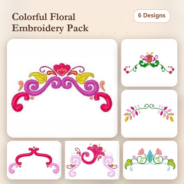 Floral Embroidery Designs Bundle – Floral Header with Pink Heart, Ornate Floral Design, Colorful Swirl & More (6 Designs)