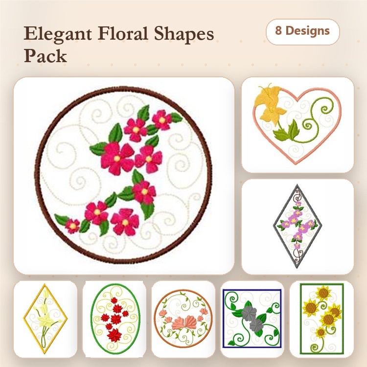Floral Shapes Embroidery Designs Bundle – Circular Floral Arrangement, Heart with Vines, Diamond Floral Shape & More (8 Designs)
