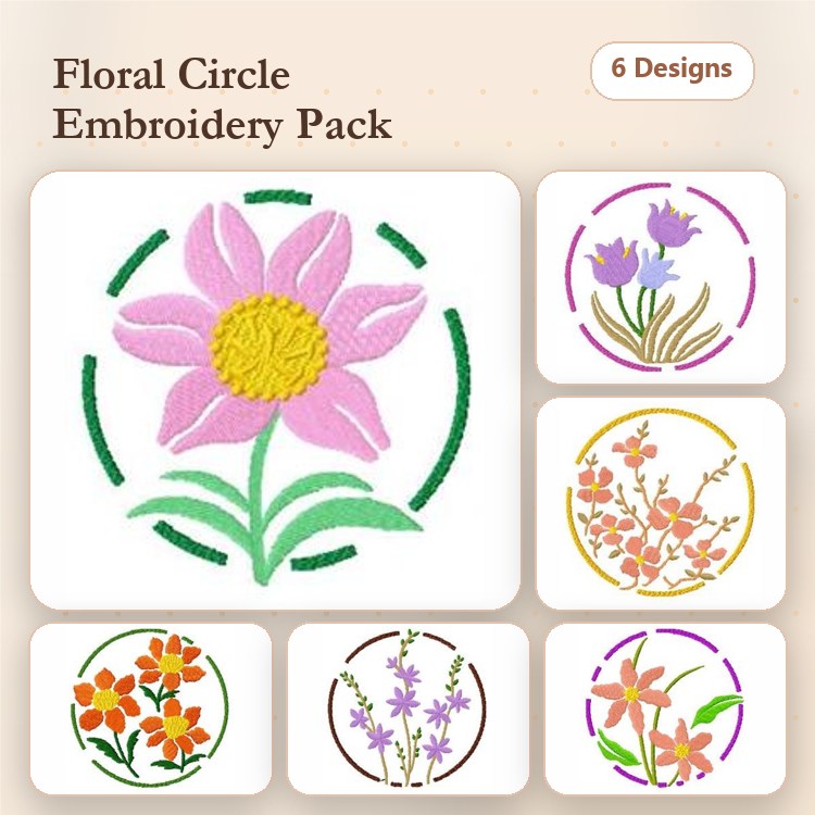 Floral Circle Embroidery Designs Bundle – Pink Flower in Circle, Purple Flower in Circle, Orange Floral Arrangement & More (6 Designs)