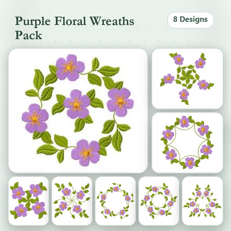 Floral Wreaths Embroidery Designs Bundle – Purple Flower Cluster, Flower Garland Wreath, & More (8 Designs)