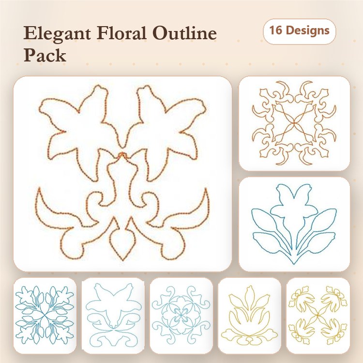 Redwork Elegant Floral Outlines Embroidery Designs Bundle – Floral Outline with Vines, Symmetrical Floral Design, & More (16 Designs)