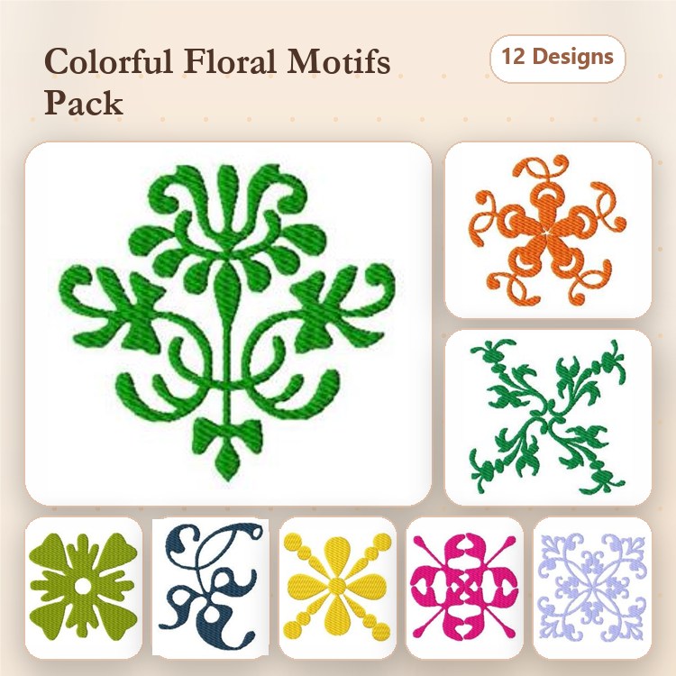 Floral Motifs Embroidery Designs Bundle – Green, Orange, Blue, Pink & More (12 Designs)