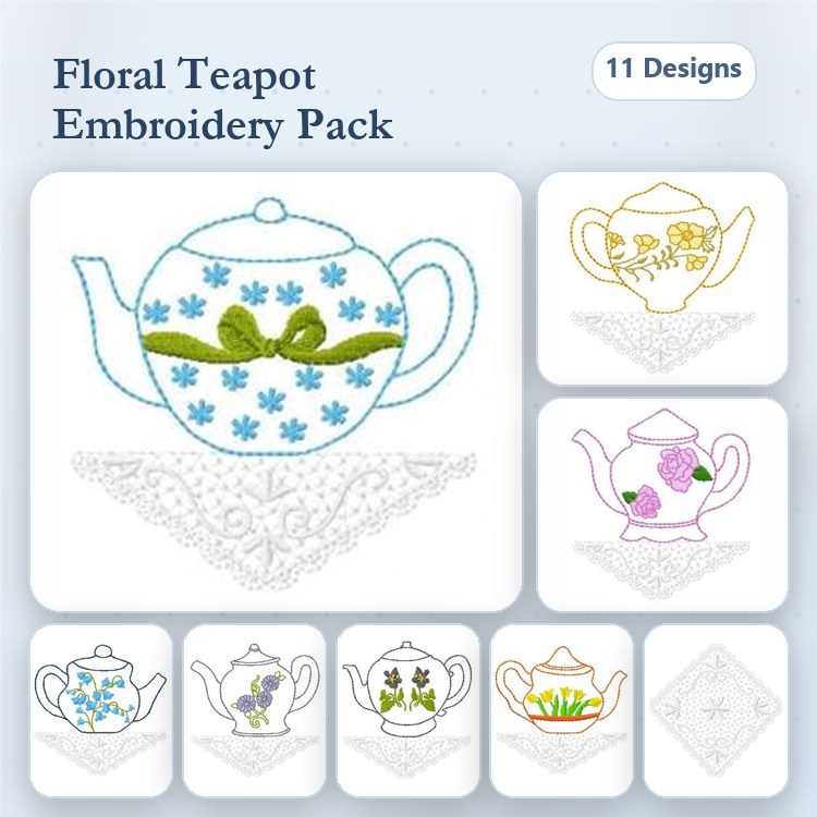 Floral Teapot Embroidery Designs Bundle – Blue Floral Teapot, Teapot with Floral Skull, Purple Floral Teapot & More (11 Designs)