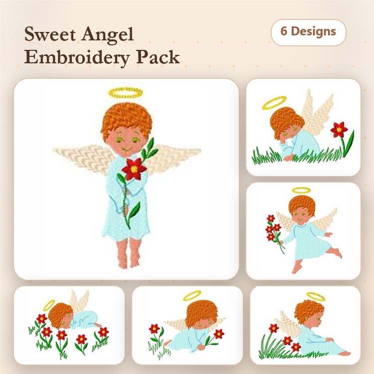 Angels with Flowers Embroidery Designs Bundle – Angel with Flowers, Angel with Flower Bouquet, & More (6 Designs)