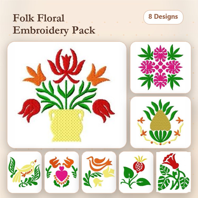 Folk Floral Embroidery Designs Bundle – Flower Bouquet in Vase, Pink Floral Medallion, Pineapple Motif & More (8 Designs)