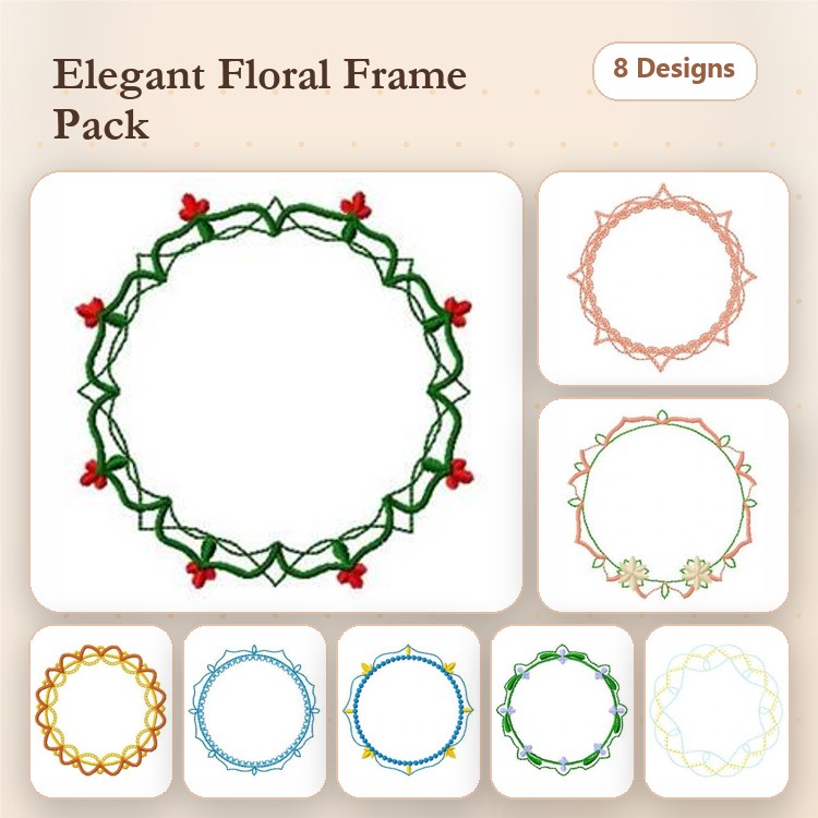 Floral Frames Embroidery Designs Bundle – Floral Frame with Vines, Simple Floral Frame, & More (8 Designs)