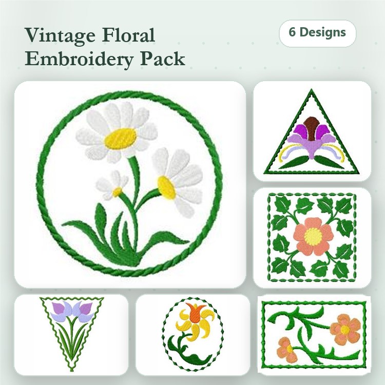 Floral Embroidery Designs Bundle – Daisy Bouquet, Iris Triangle, Rose Floral & More (6 Designs)
