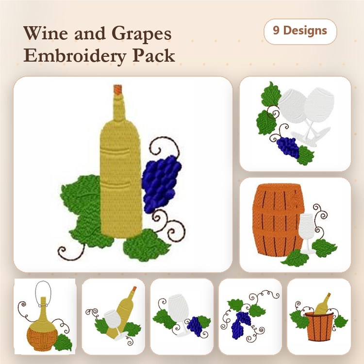 Wine and Grapes Embroidery Designs Bundle – Wine Bottle, Grapes Cluster, Wooden Barrel & More (9 Designs)