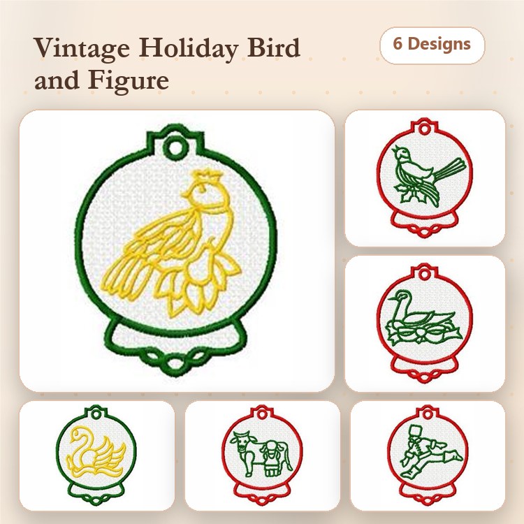 Vintage Holiday Ornament Birds Embroidery Designs Bundle – Bird, Dove, Swan, Duck & More (6 Designs)