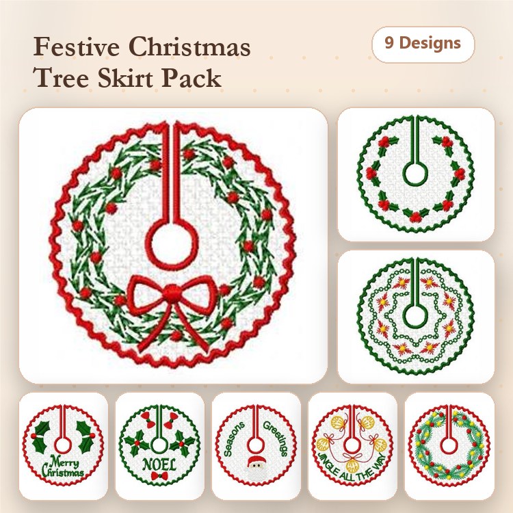 Christmas Tree Skirts Embroidery Designs Bundle – Holly Wreath with Bow, Ornament Wreath, Holly with Merry Christmas & More (9 Designs)
