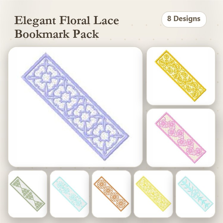 FSL Elegant Floral Lace Bookmark Embroidery Designs Bundle – Blue, Yellow, Green, Pink & More (8 Designs)