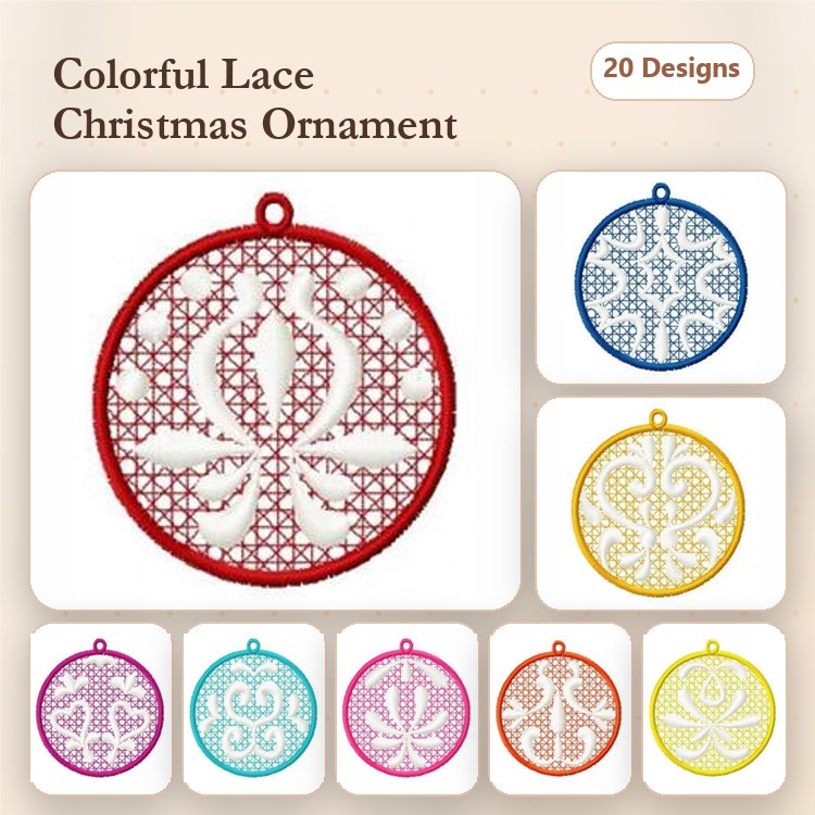 FSL Colorful Lace Christmas Ornaments Embroidery Designs Bundle – Red, Blue, Yellow & More (20 Designs)