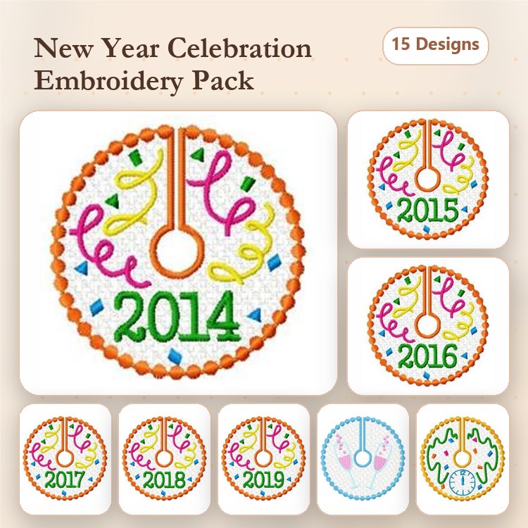 New Year Ornament Embroidery Designs Bundle – Celebrate with 2014, 2015, 2016, 2017, 2018, 2019 & More (15 Designs)