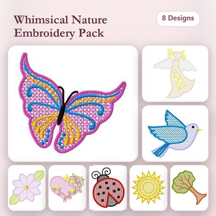 Nature-Themed Embroidery Designs Bundle – Butterfly, Angel, Bird, Flower & More (8 Designs)