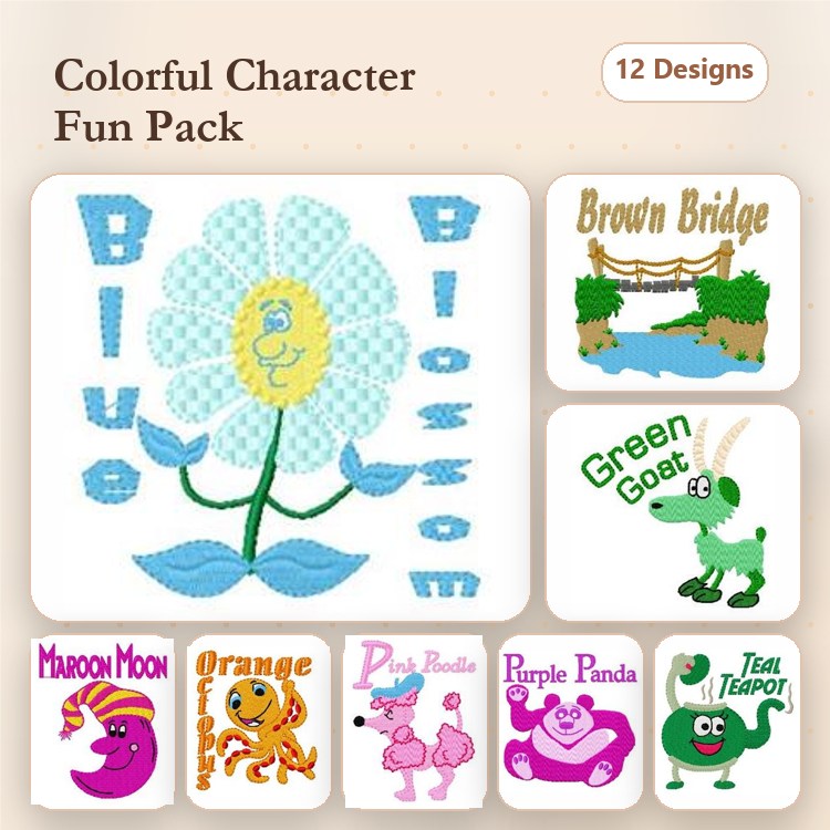 Blue Flower, Brown Bridge & Green Goat Embroidery Bundle – Fun Designs (12 Designs)