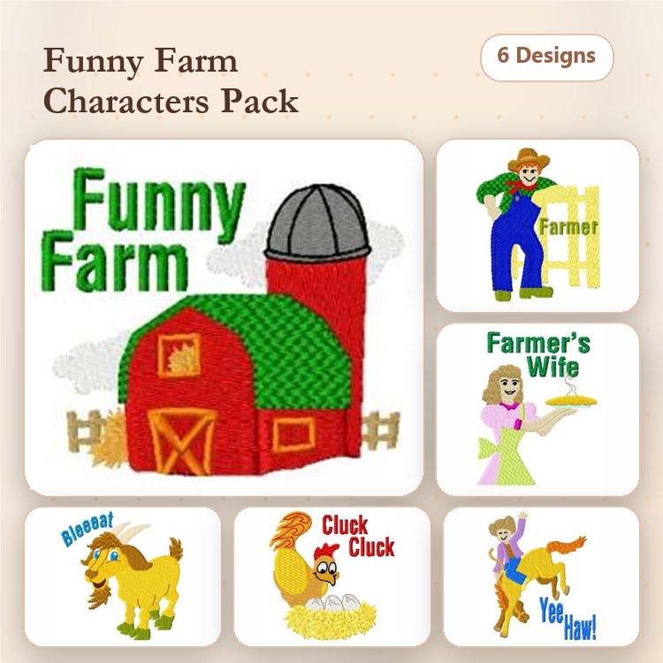 Funny Farm Characters Embroidery Designs Bundle – Farmer, Farmer's Wife, Goat, Chicken & More (6 Designs)