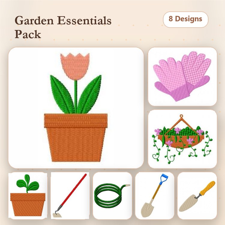 Gardening Tools & Plants Embroidery Designs Bundle – Flower in Pot, Gardening Gloves, Hanging Basket & More (8 Designs)