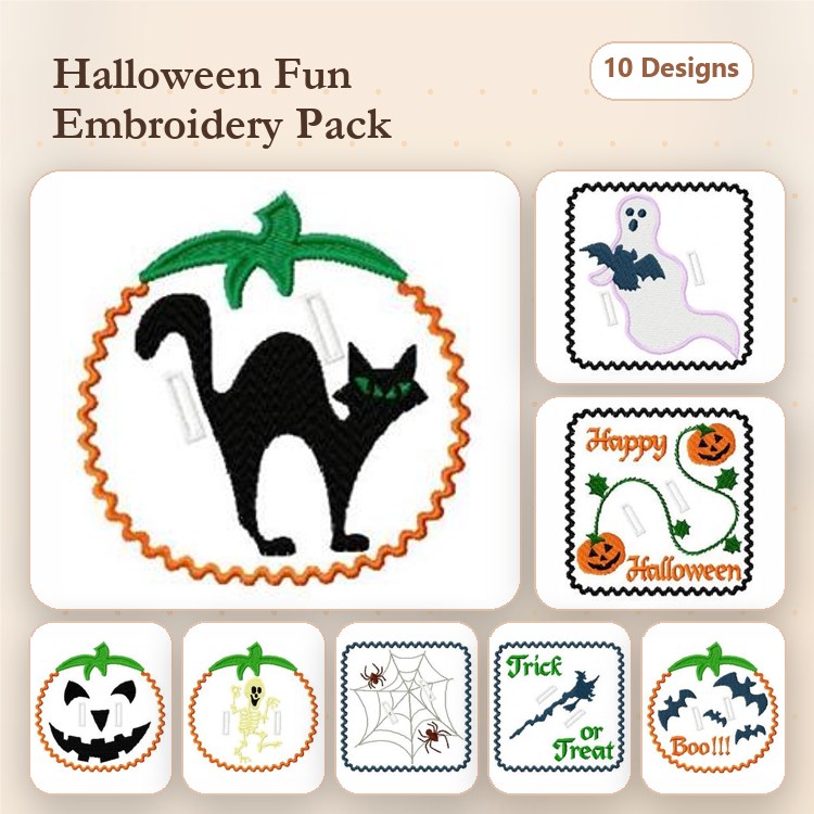 Halloween Themed Embroidery Designs Bundle – Black Cat, Ghost, Pumpkin Face & More (10 Designs)
