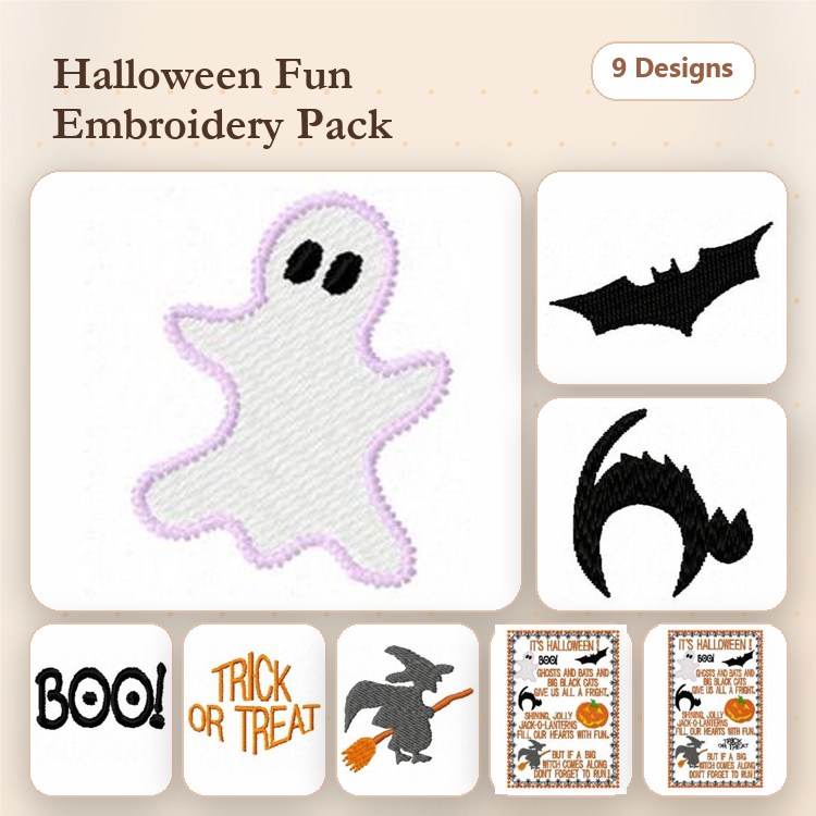 Halloween Embroidery Designs Bundle – Ghost, Bat, Cat Silhouette & More (9 Designs)