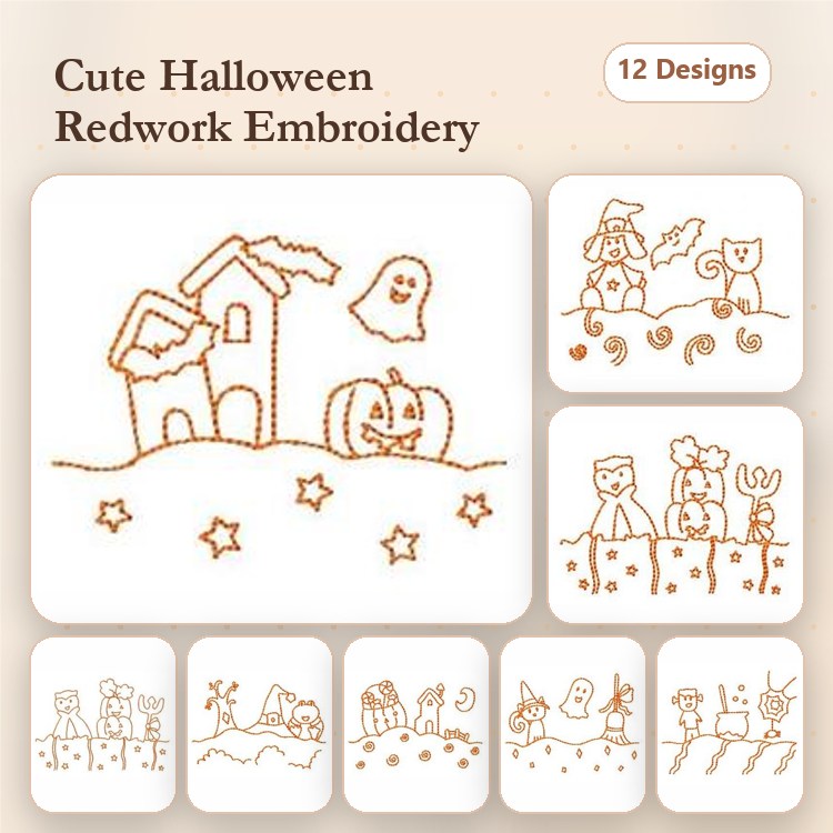 Redwork Cute Halloween Embroidery Designs Bundle – Haunted House, Ghost, Pumpkin & More (12 Designs)