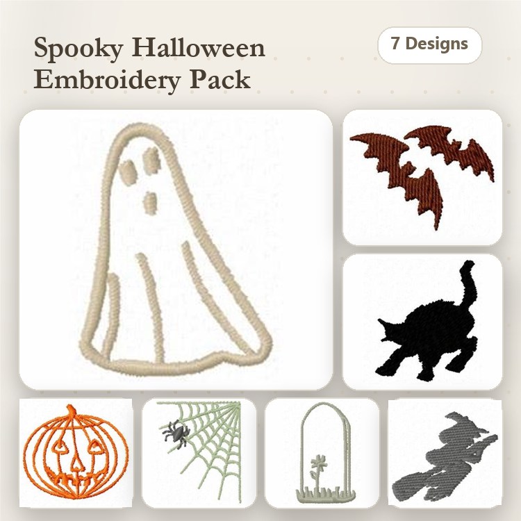 Halloween Embroidery Designs Bundle – Ghost, Bat, Pumpkin & More (7 Designs)