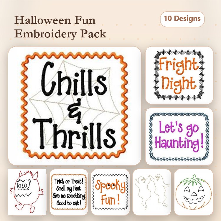 Halloween Phrases & Images Embroidery Designs Bundle – Chills & Thrills, Fright Night, Trick or Treat! & More (10 Designs)