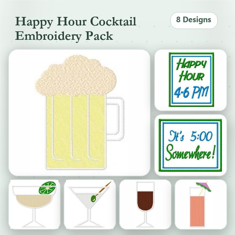 Cocktail Drinks Embroidery Bundle – Beer Mug, Martini, Cocktail with Lime & More (8 Designs)