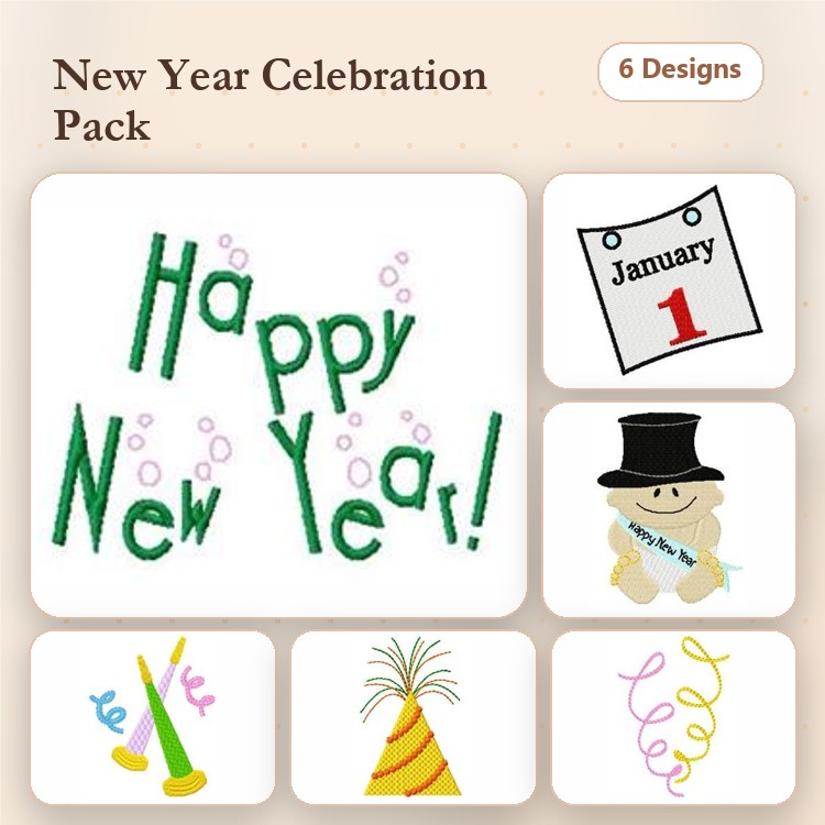 New Year Celebration Embroidery Designs Bundle – Happy New Year, Party Horn, Calendar with January 1 & More (6 Designs)