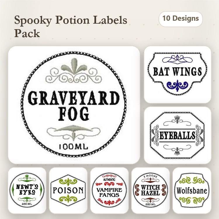 Spooky Potion Labels Embroidery Designs Bundle – Graveyard Fog, Bat Wings, Eyeballs & More (10 Designs)