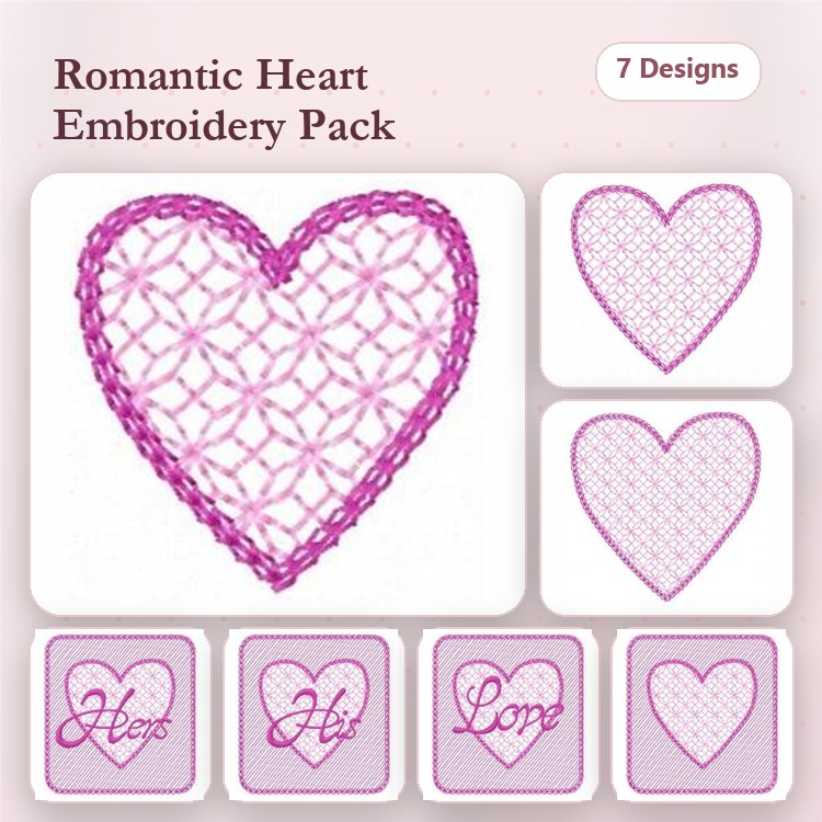 Rippled Heart Embroidery Bundle – Lace Heart, Heart with Grid Pattern, Hearts with 'Love' & More (7 Designs)