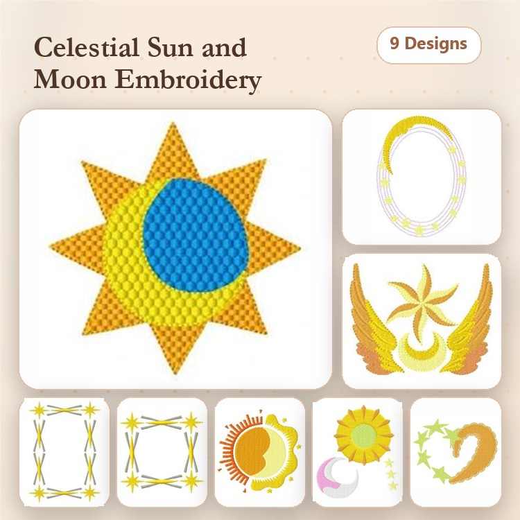 Celestial Sun & Moon Embroidery Designs Bundle – Sun with Blue Center, Crescent Moon, Ornate Sun & More (9 Designs)