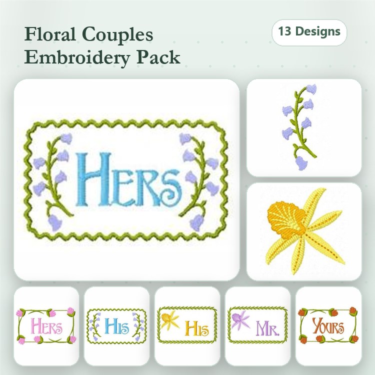 Floral Couple Embroidery Bundle – Hers, His, Yours & More (13 Designs)