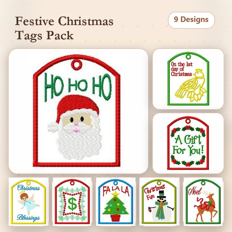 ITH Christmas Gift Tags Embroidery Designs Bundle – Santa, Christmas Blessings, Fa La La & More (9 Designs)