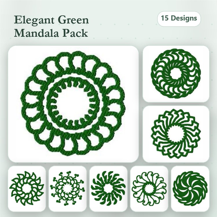 Green Mandala Embroidery Designs Bundle – Spiral Mandala, Floral Mandala, Circular Mandala & More (15 Designs)